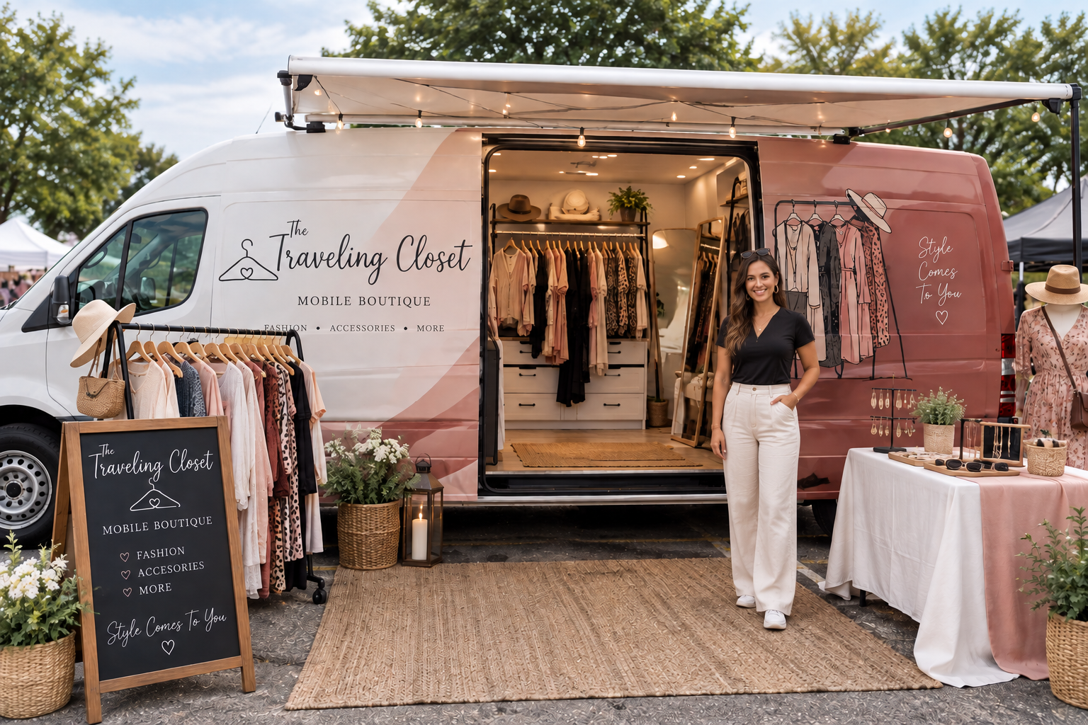 Van converted to a mobile boutique for clothing and jewelry